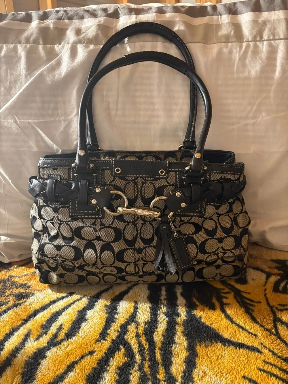 Coach Monogram Satchel in Black and Tan